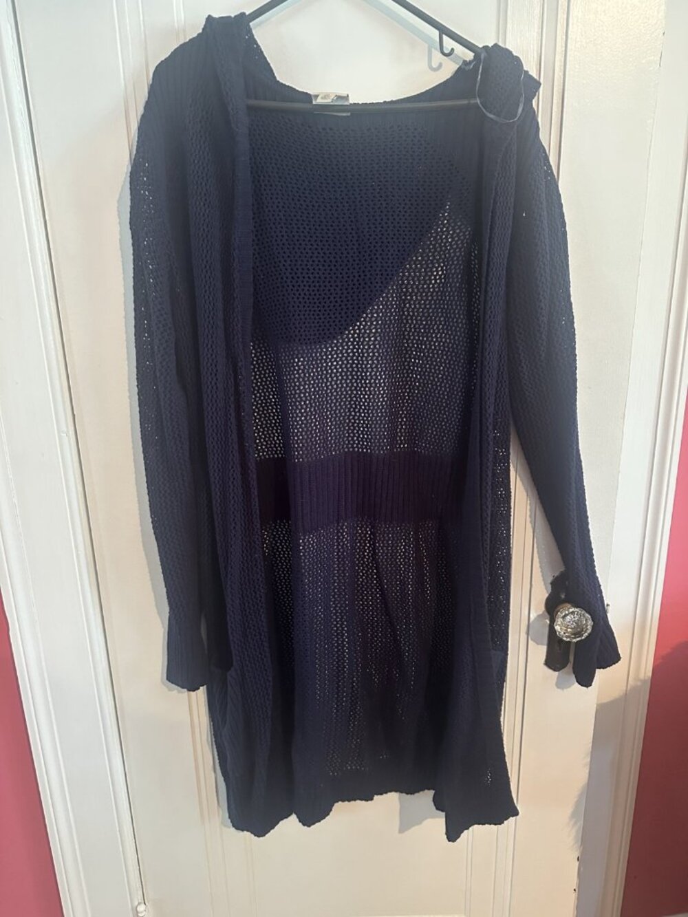 St. John's Bay Navy Hooded Open Knit Long Cardigan XL Duster Sweater Pockets